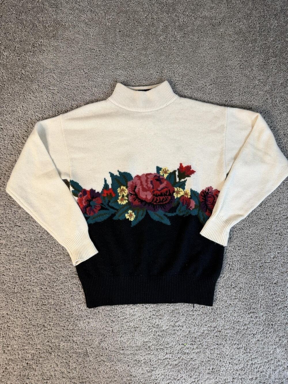 Belford Sweater Pullover Womens S Cream Black Floral Mock Neck Cashmere